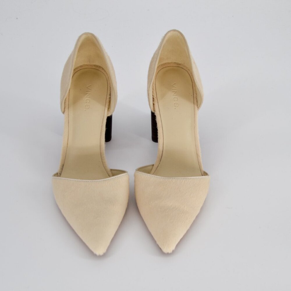 Vince Prim D'Orsay Calf Hair Pointed Toe Pump Cream Stacked Block Heel Size 7 - Picture 3 of 7